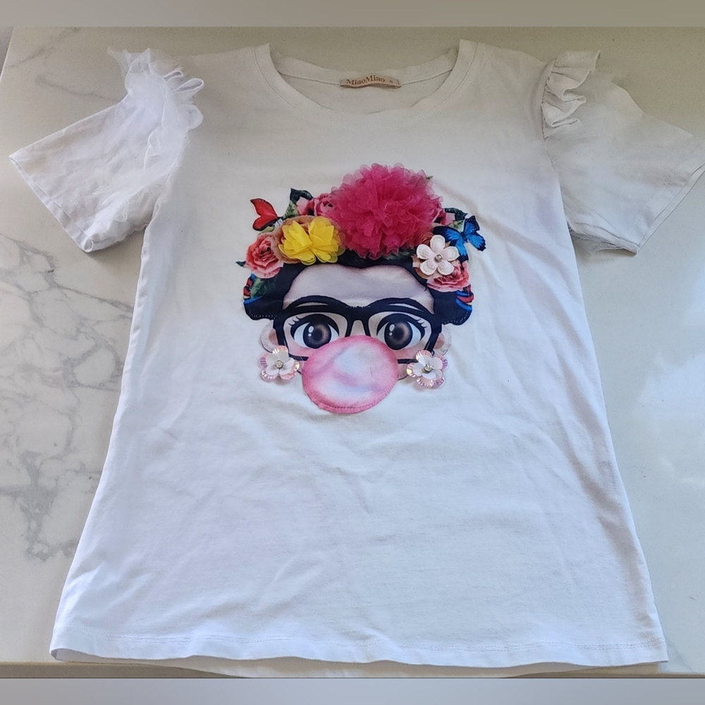 Frida‎ Kahlo 3D T-shirt White Bubblegum Ruffle Sleeve Miao Miao Size Small